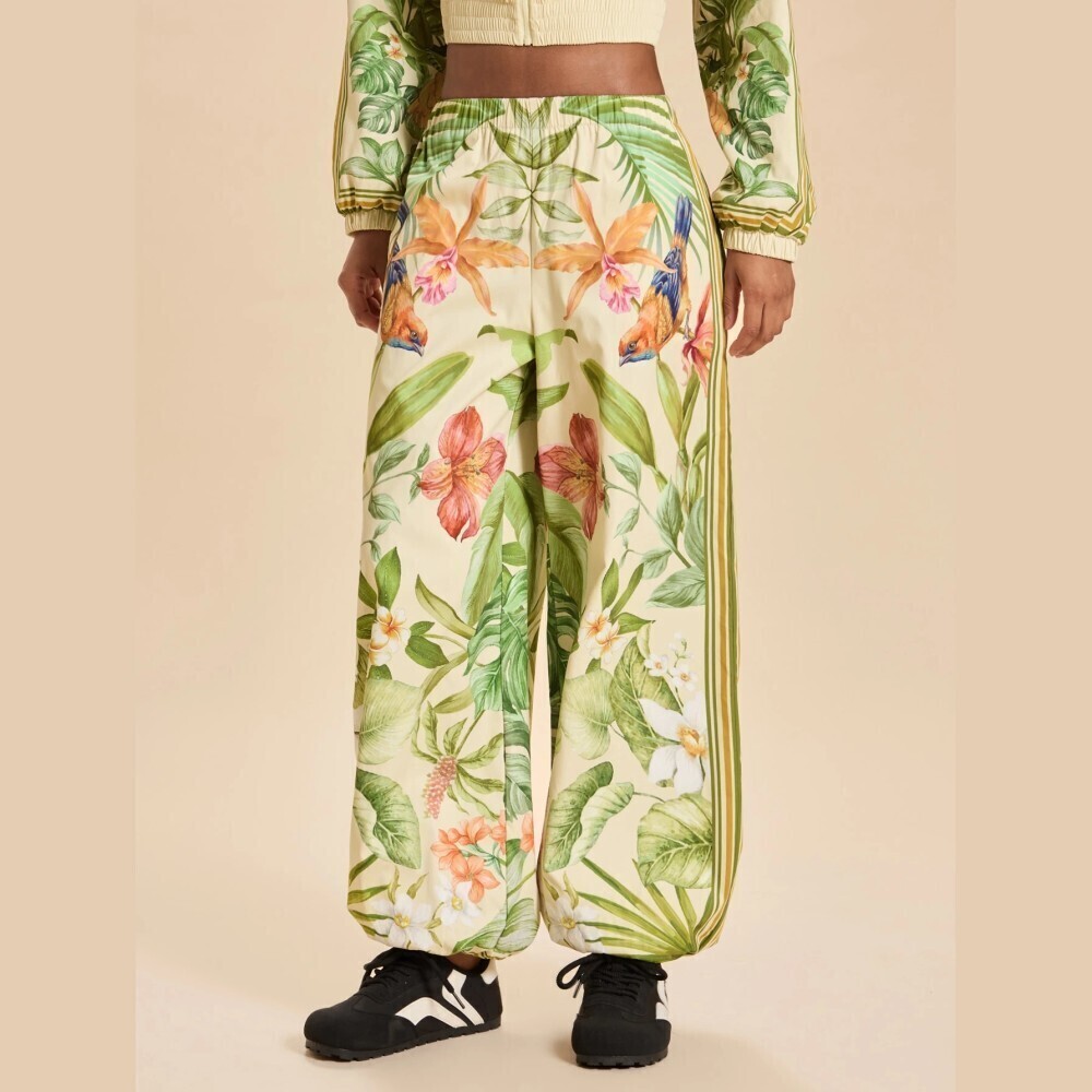 Cream Tropical Floral Bird Print Side Stripe Lightweight Wide Leg Jogger Pants